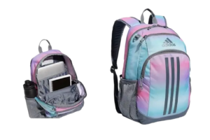 A colorful Adidas backpack with pink, blue, and purple hues, featuring the three-stripe logo, multiple compartments, and mesh side pockets for bottles.